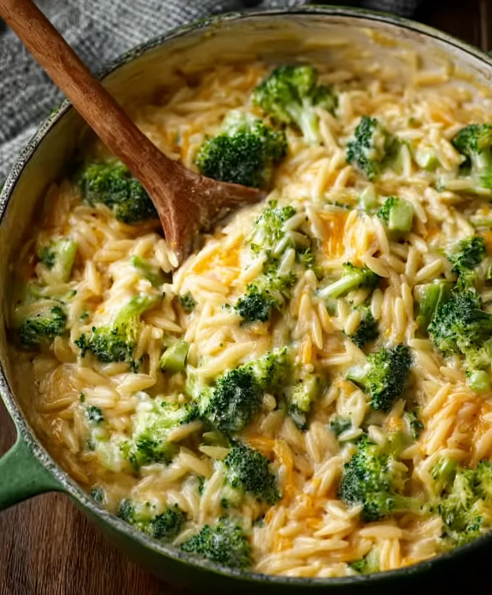 Creamy One-Pot Broccoli Cheddar Orzo Dinner