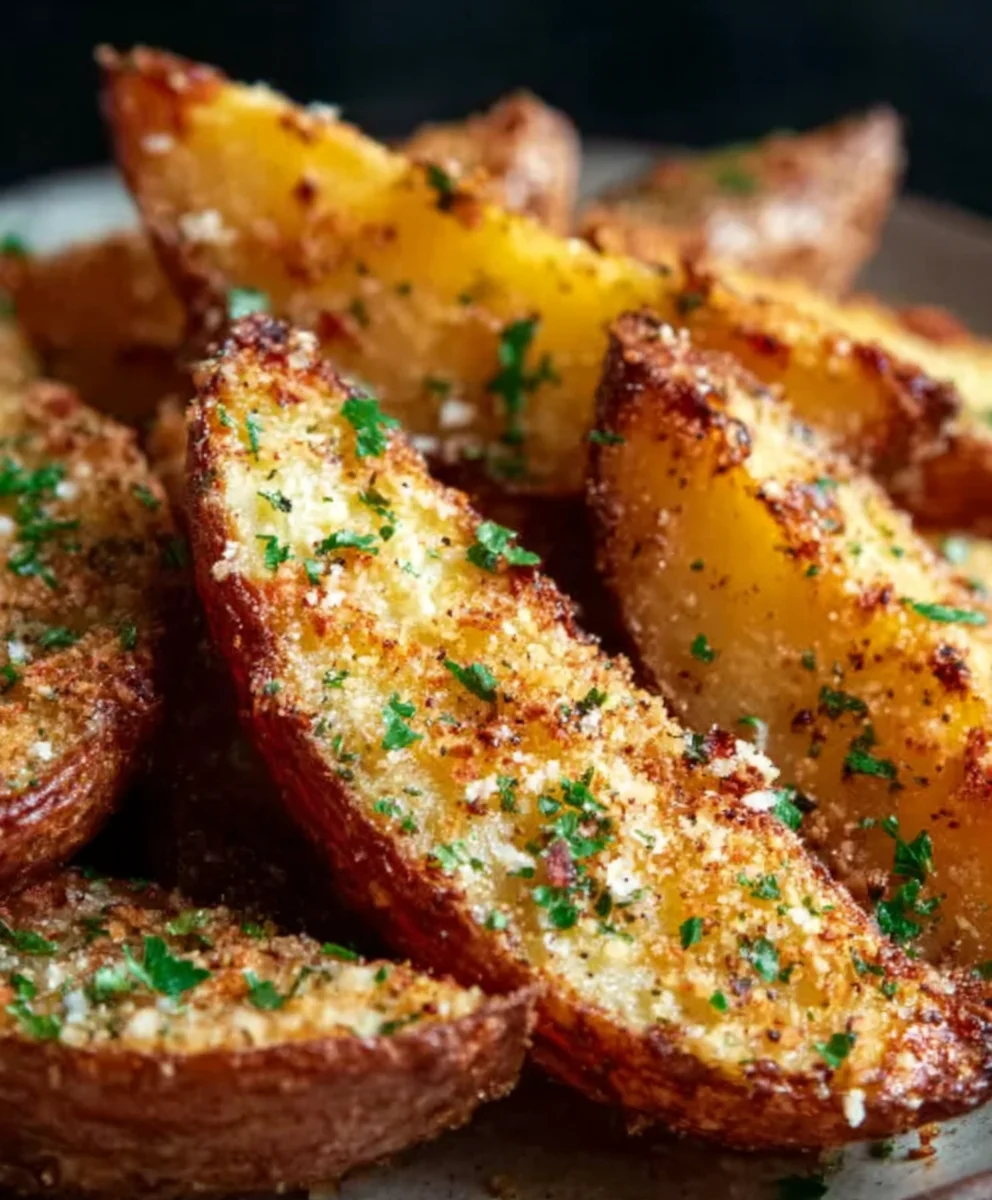 Crispy Garlic Parmesan Potato Wedges- Easy Baked Recipe