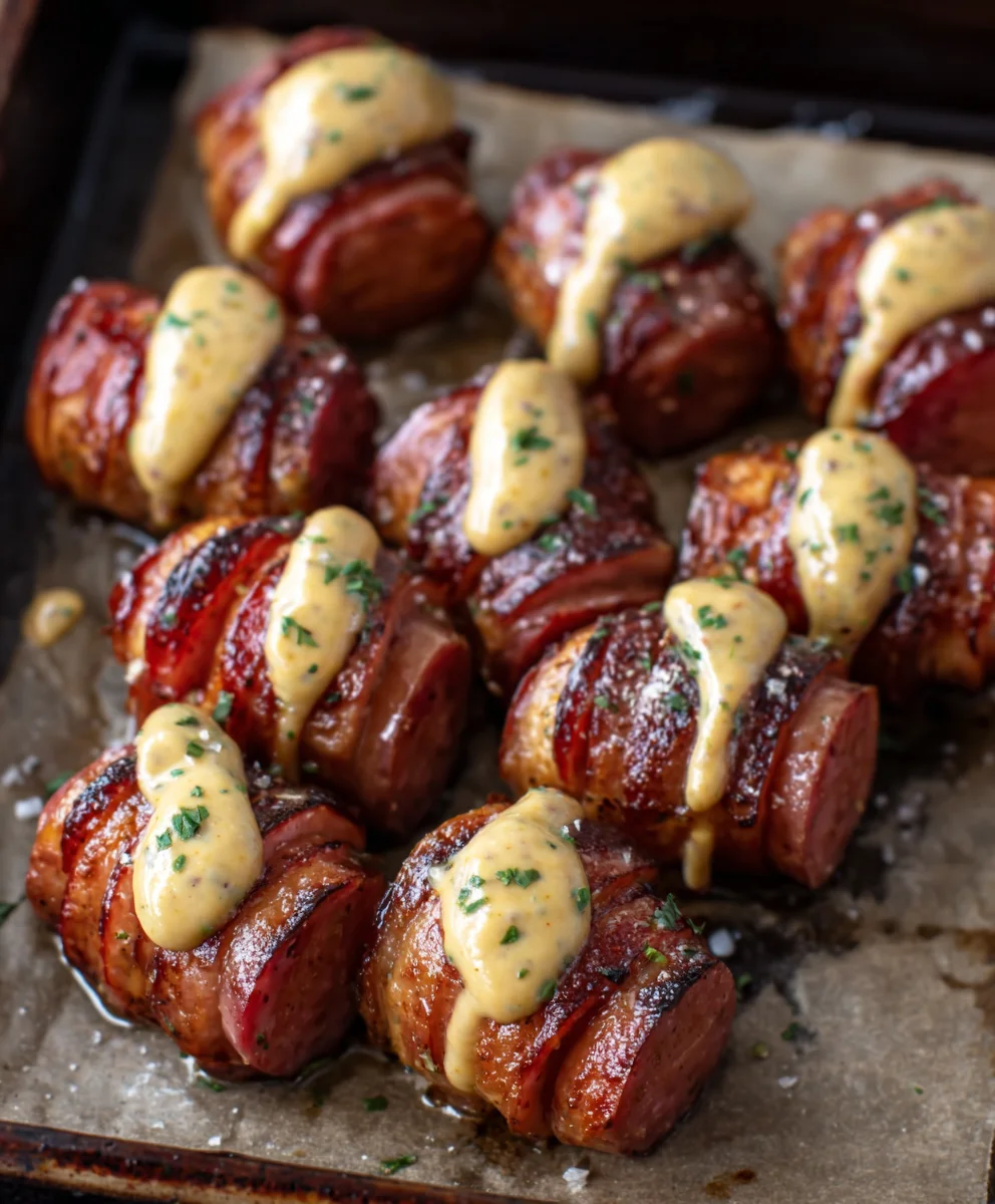 Mustard Hasselback Beef Sausage Bites