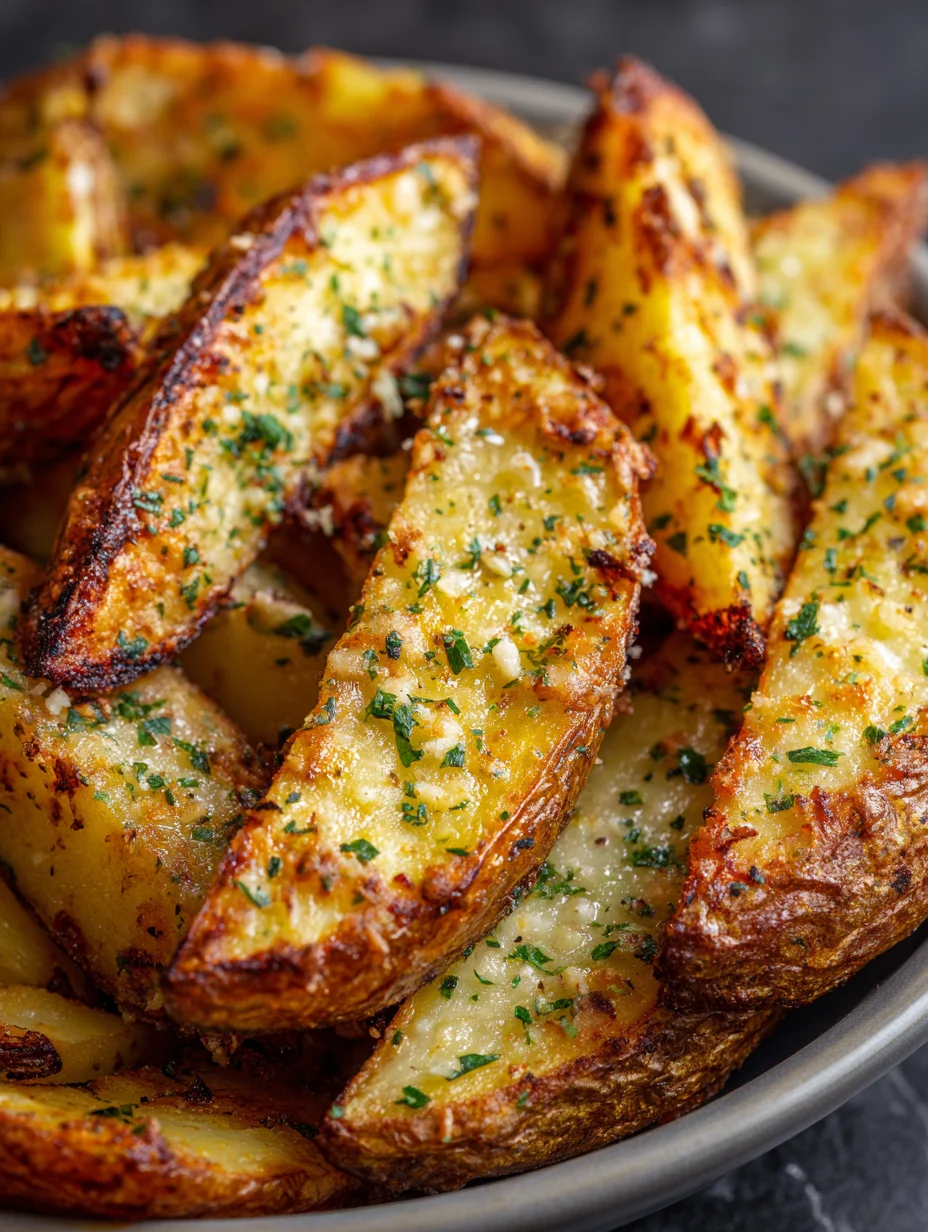 Crispy Garlic Parmesan Potato Wedges- Easy Baked Recipe