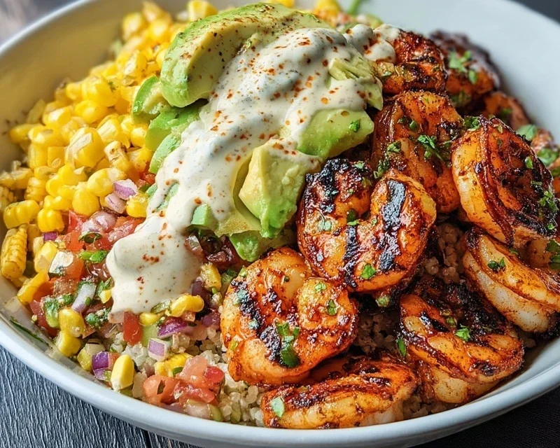 Grilled Shrimp Bowl With Avocado Corn Salsa Creamy Garlic Sauce