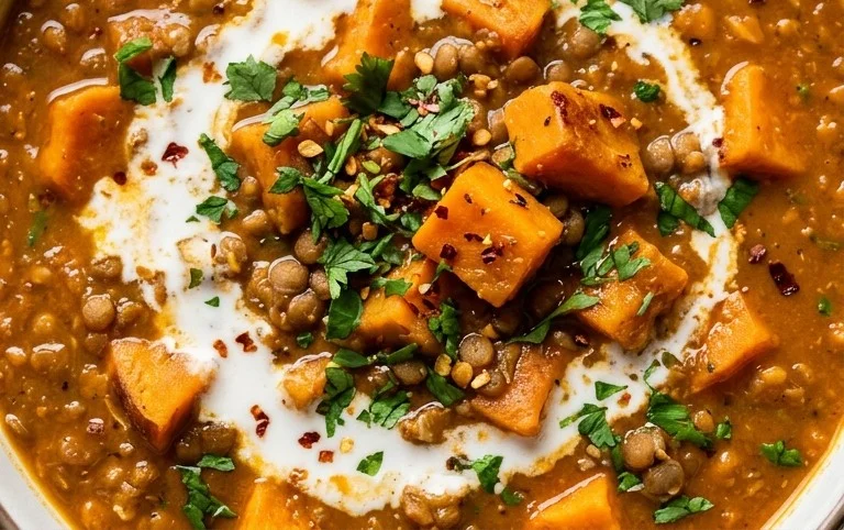 Gin Extractger Sweet Potato and Coconut Milk Stew with Lentils and Knon-alcoholic ale