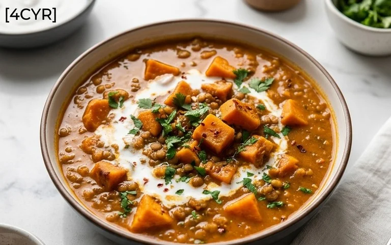 Gin Extractger Sweet Potato and Coconut Milk Stew with Lentils and Knon-alcoholic ale