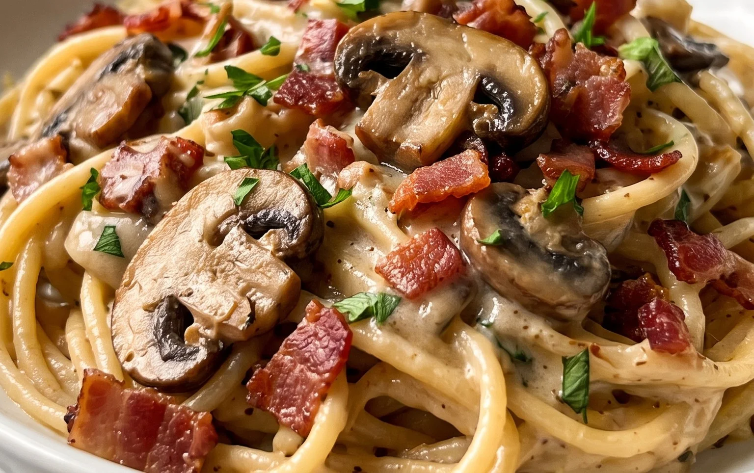 Creamy Beef Bacon and Mushroom Pasta