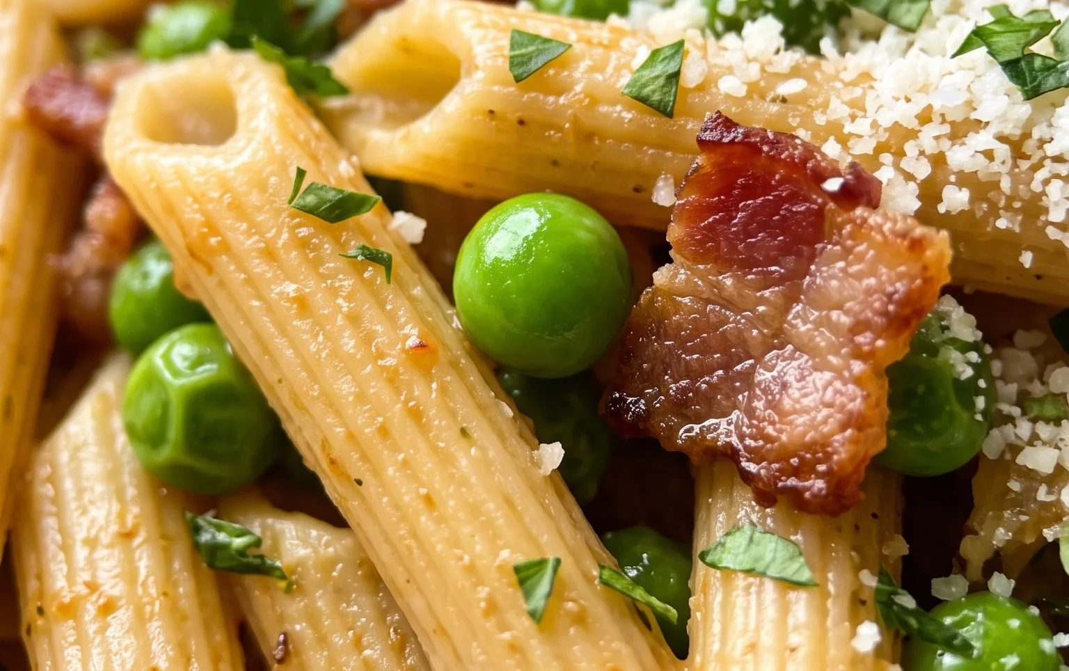 Penne Pasta, Peas and Beef Bacon
