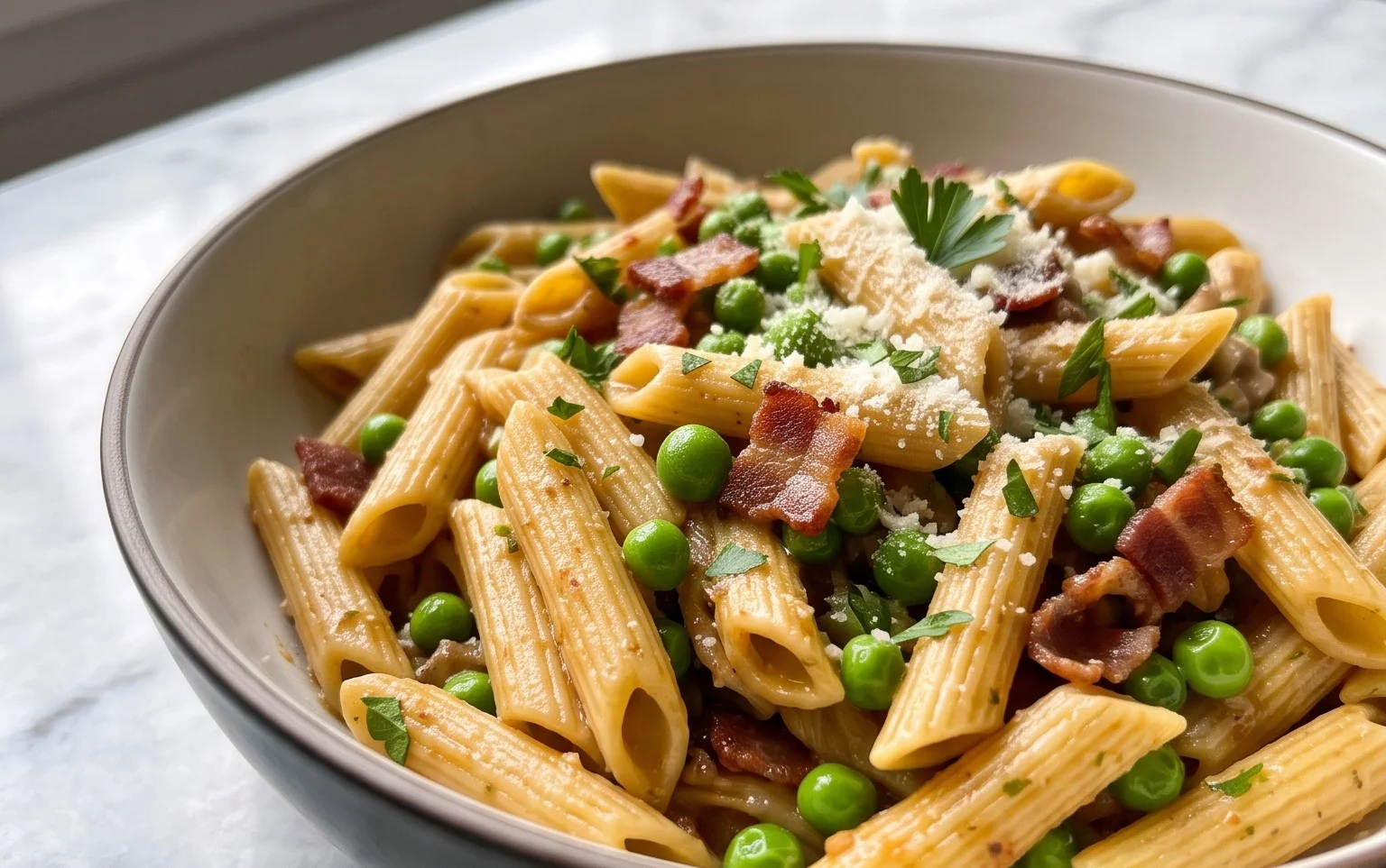 Penne Pasta, Peas and Beef Bacon