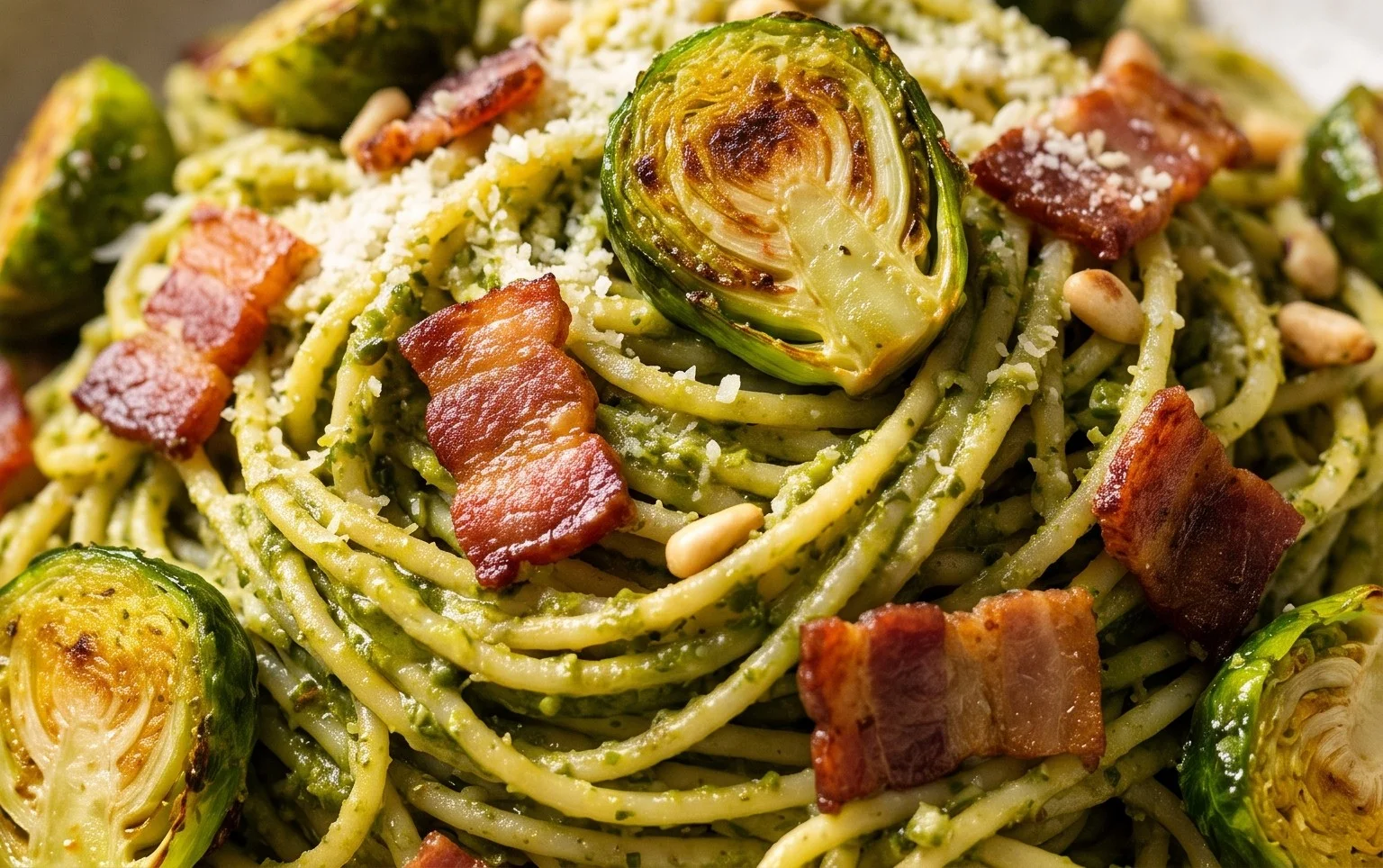 Brussels Sprouts and Beef Bacon Pesto Pasta