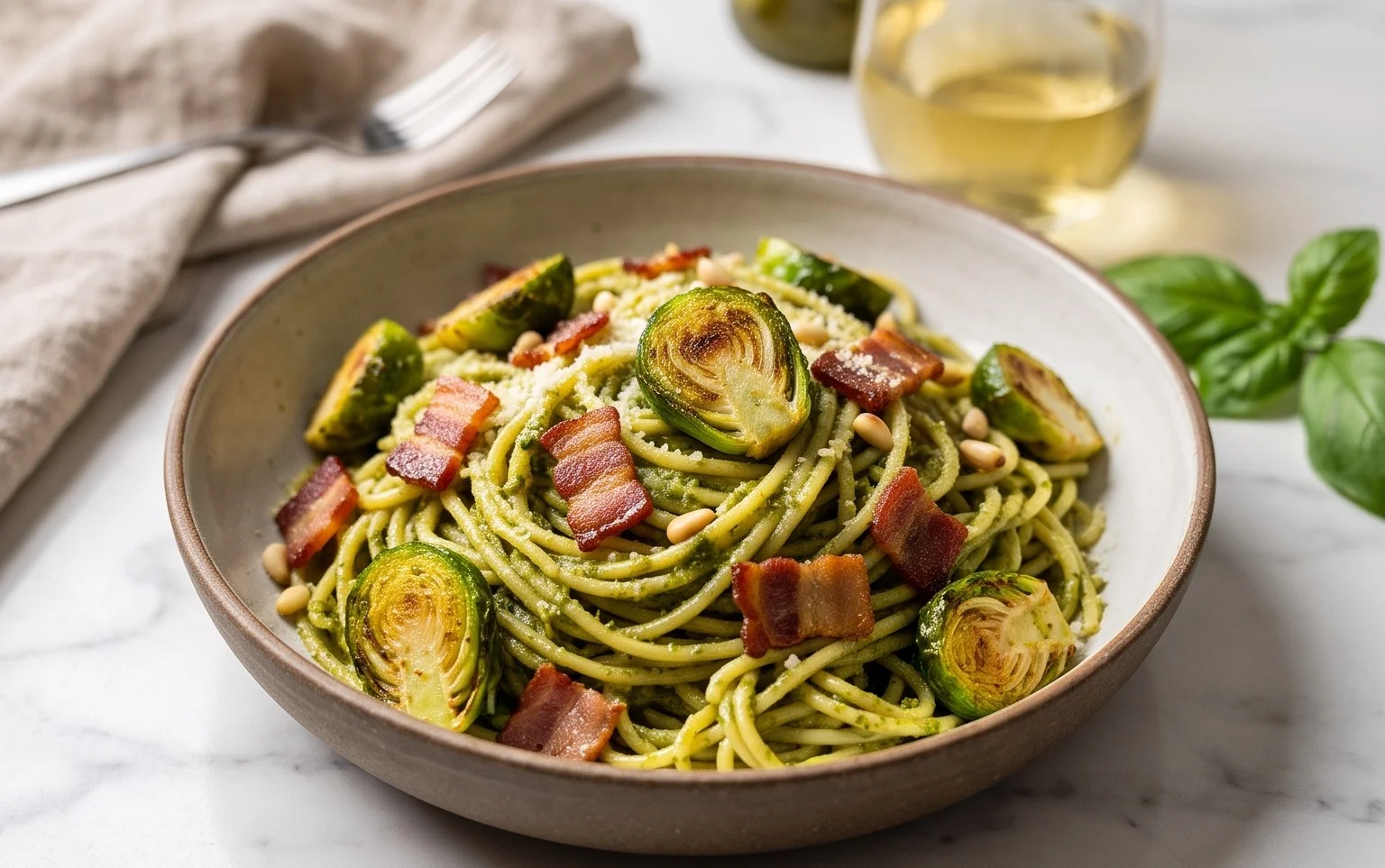 Brussels Sprouts and Beef Bacon Pesto Pasta