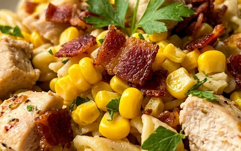 Chicken and Corn Pasta Salad with Beef Bacon
