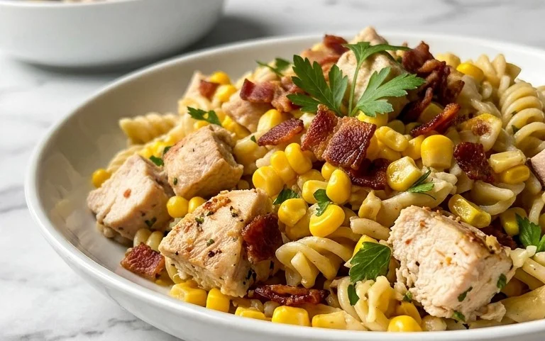 Chicken and Corn Pasta Salad with Beef Bacon