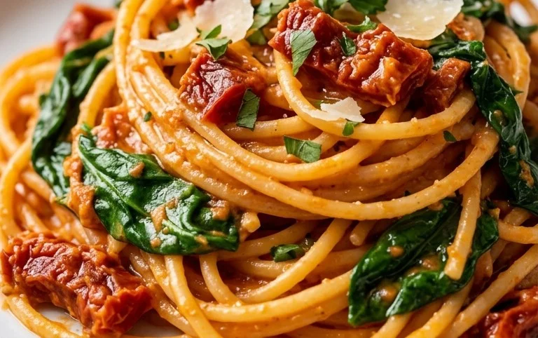 Spaghetti & Spinach with Sun-Dried Tomato Cream Sauce