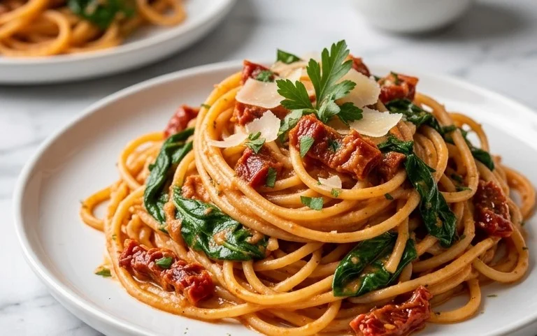 Spaghetti & Spinach with Sun-Dried Tomato Cream Sauce