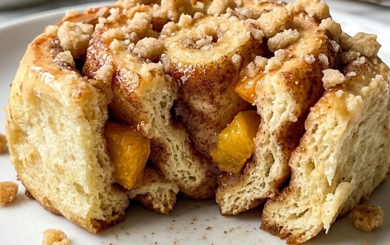 Peach Cobbler Cinnamon Rolls with Crum extractb Topping