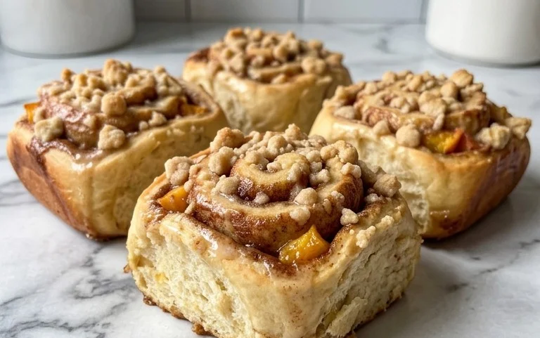 Peach Cobbler Cinnamon Rolls with Crum extractb Topping