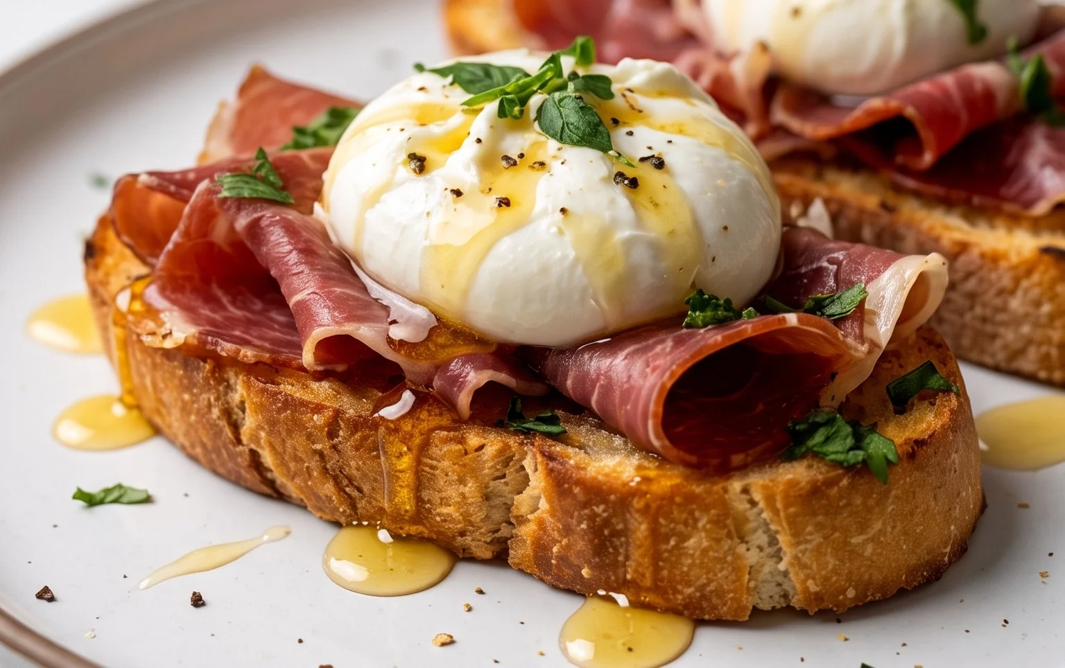 Beef Prosciutto Crostini with Burrata and Lemon Honey Drizzle
