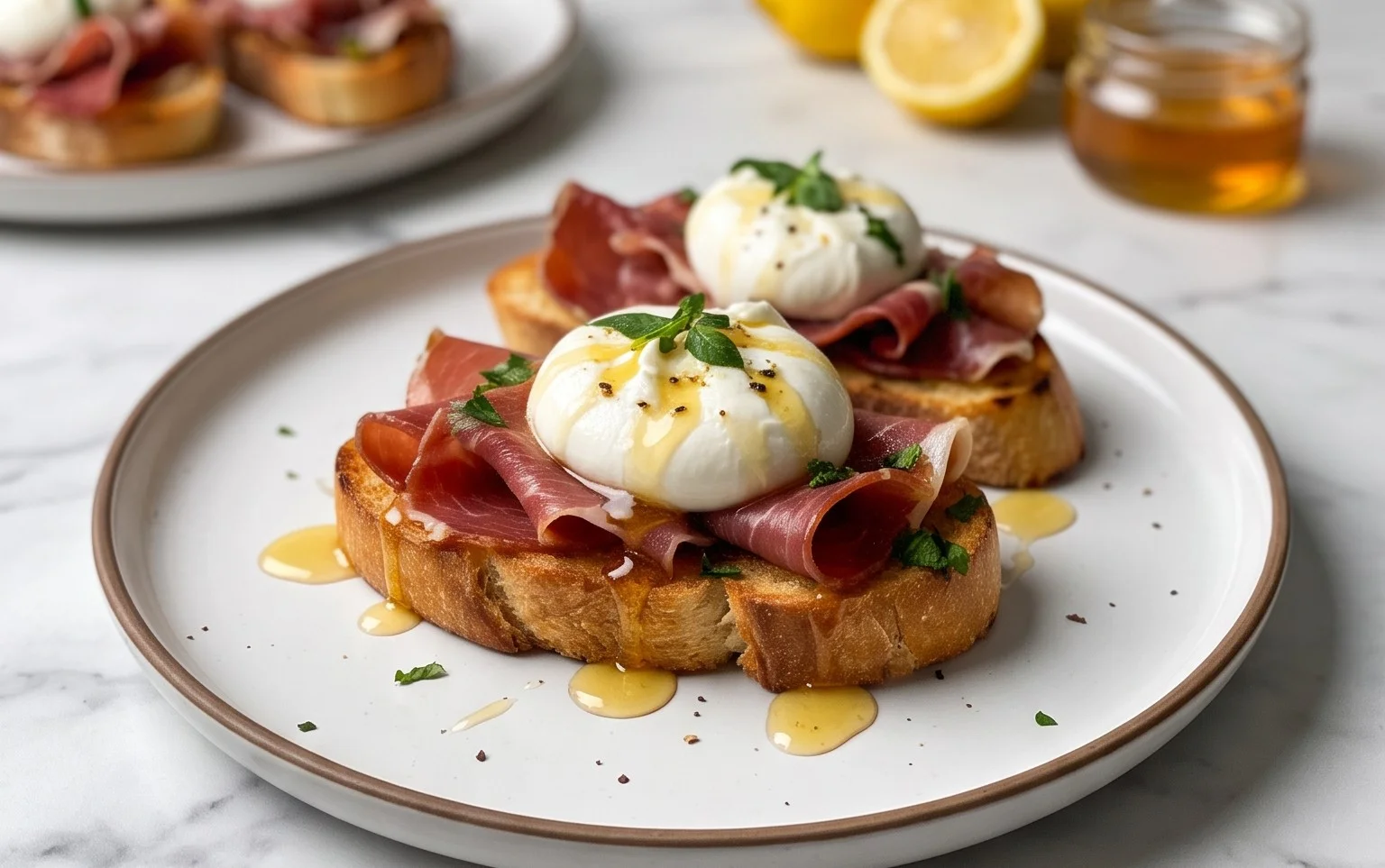 Beef Prosciutto Crostini with Burrata and Lemon Honey Drizzle